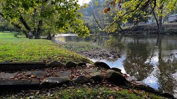 Un lago tranquilo con orilla cubierta de hierba, rocas y árboles con hojas otoñales.