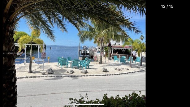 A beachside patio with turquoise chairs and tables, a palm tree, and a view of the ocean. - Perfect little paradise spot in key largo Florida.     (lot 15) (Key Largo)