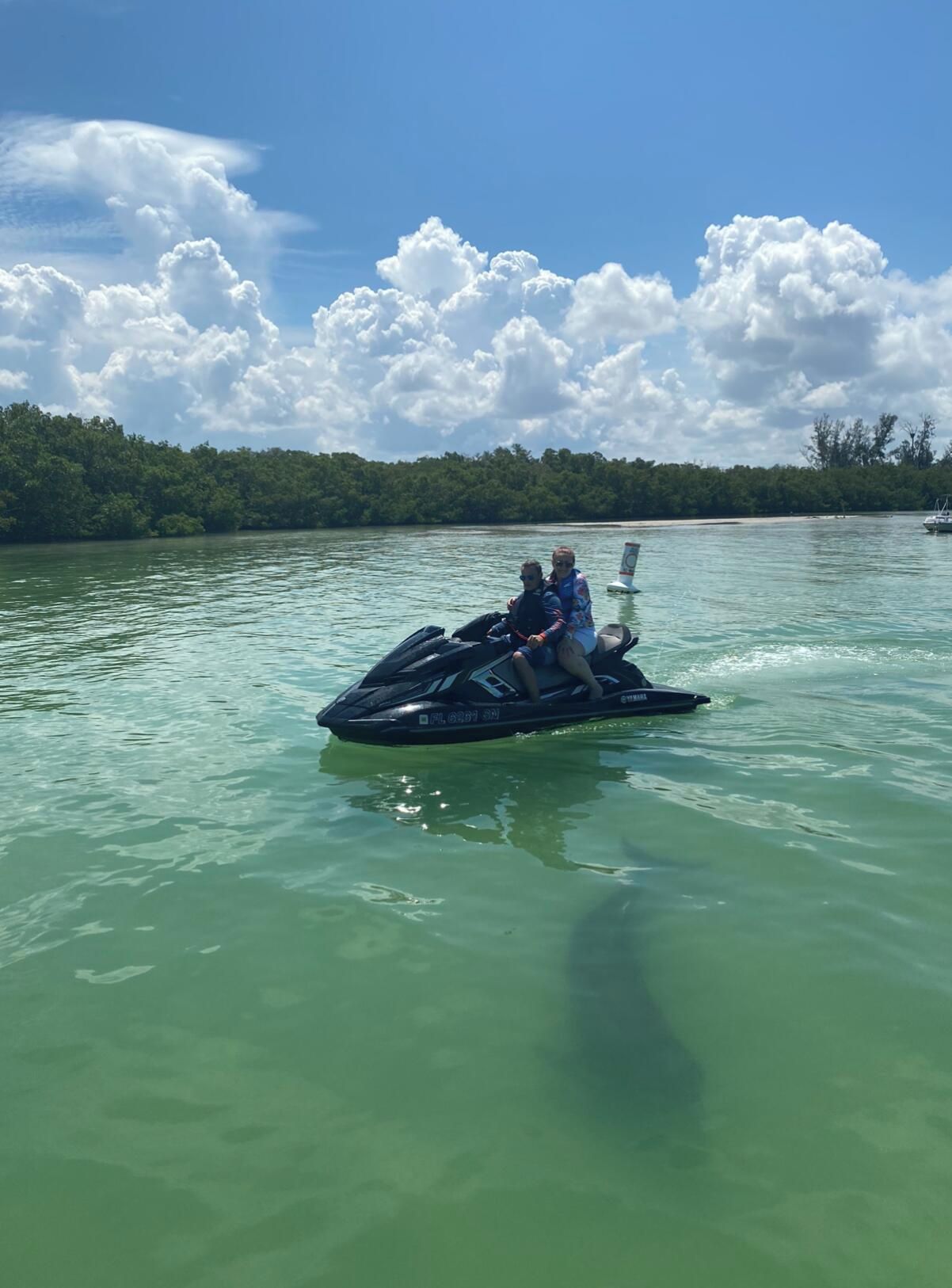 Ein Jet-Ski auf ruhigem Wasser, bewölkter Himmel und bewaldete Uferlinie im Hintergrund.
