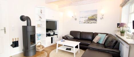 Télévision, cheminée, lecteur de DVD, chaîne hi-fi