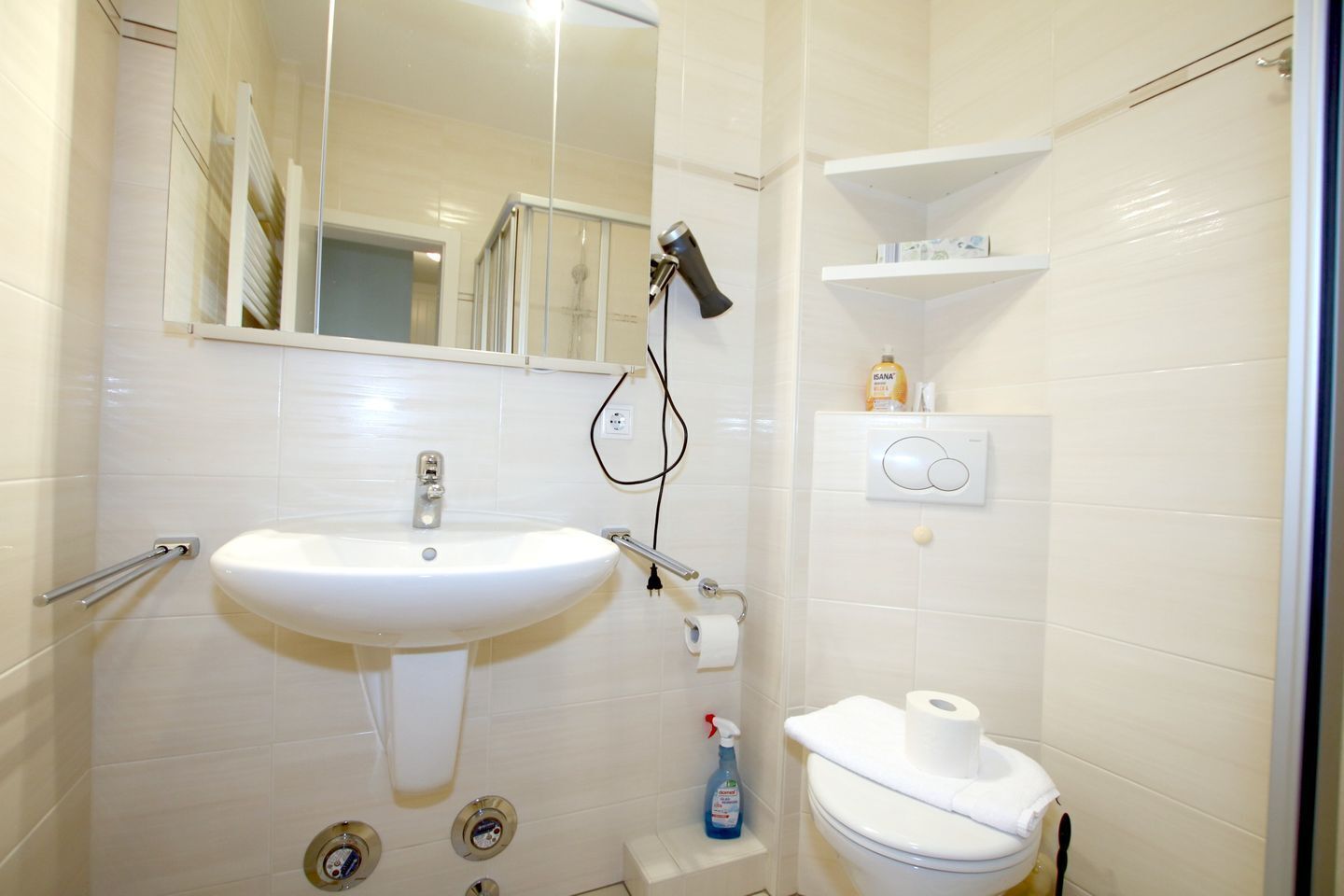 A bathroom with a white sink, a mirror, a shower, a toilet, and a shelf with toiletries.