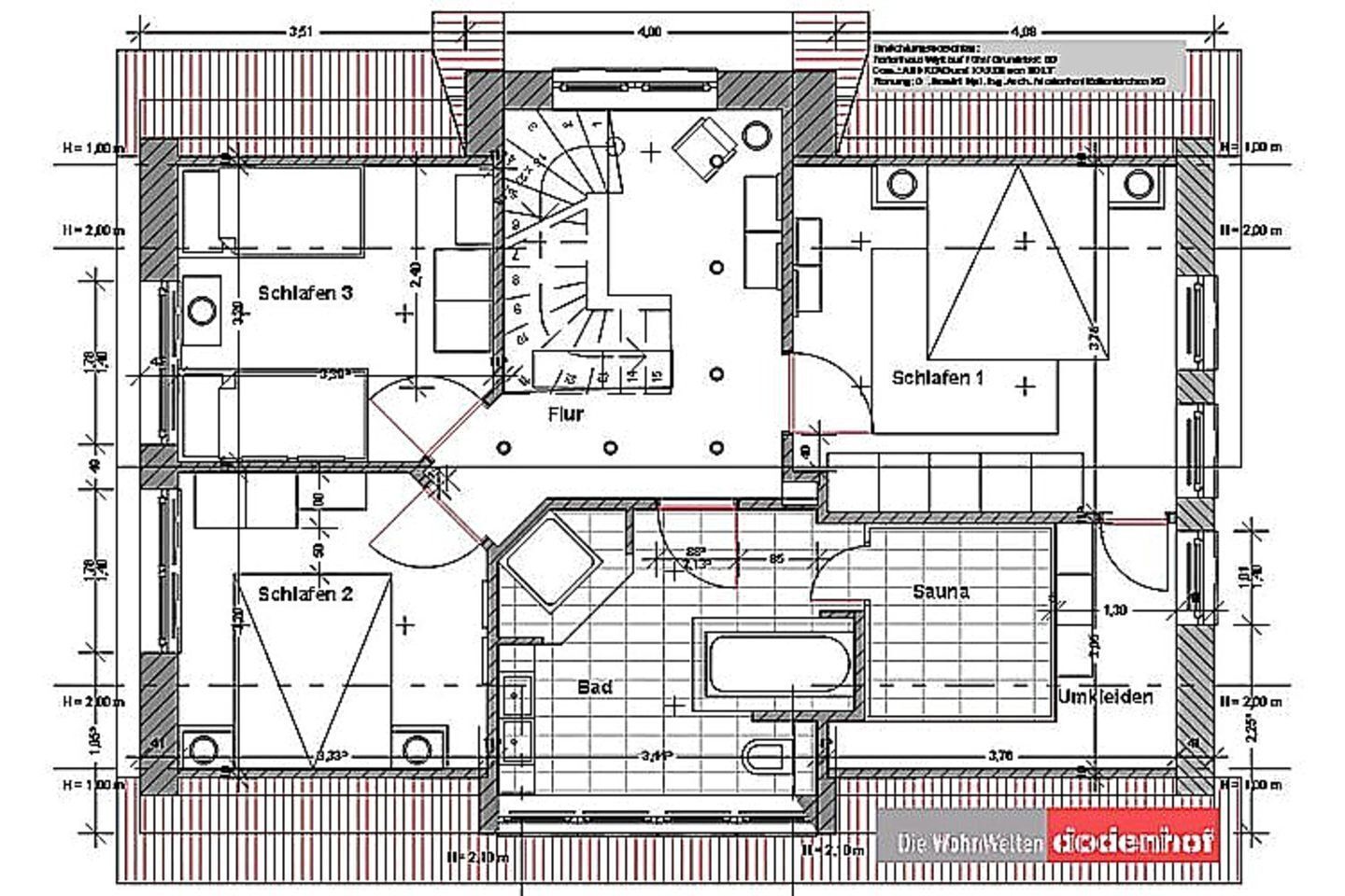 A floor plan of a hotel with three bedrooms, a bathroom, a sauna, and a living area.