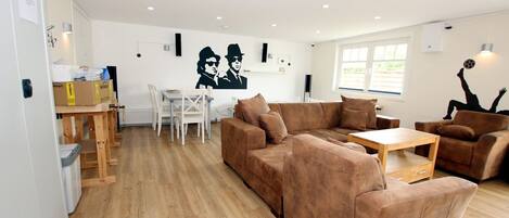 Télévision, cheminée, lecteur de DVD, chaîne hi-fi