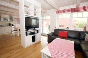 Televisio, takka, DVD-soitin, stereot