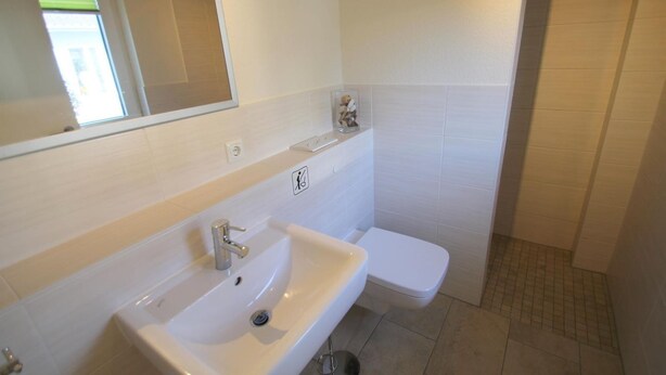 A bathroom with a sink, toilet, and a mirror.