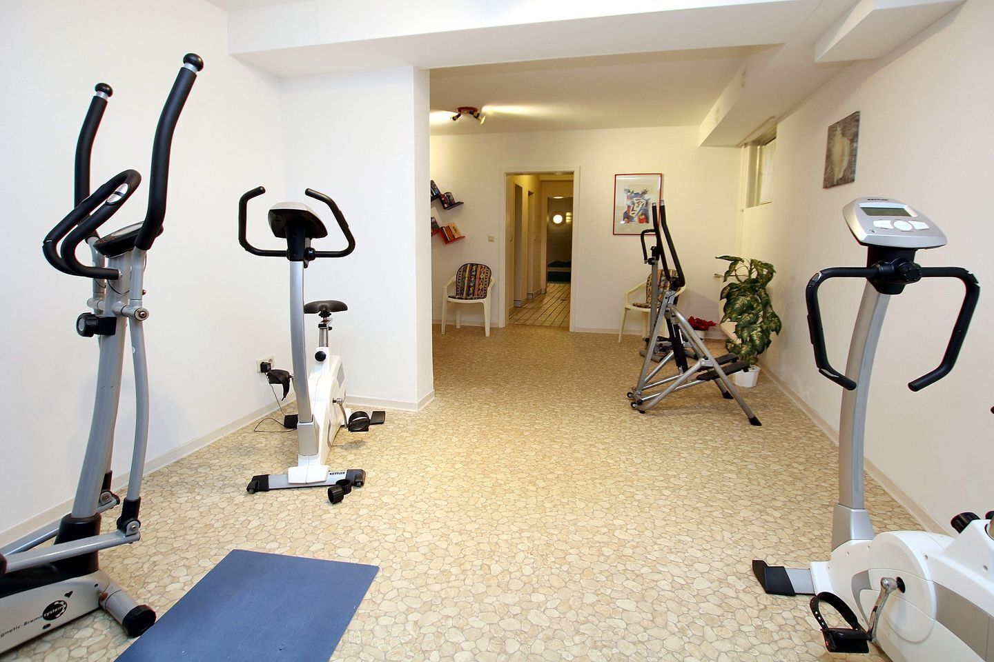 A home gym with various exercise equipment, including treadmills and stationary bikes, arranged in a hallway.