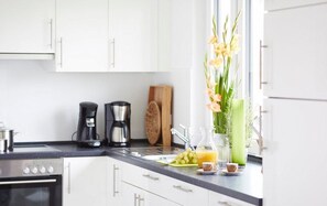 Oven, stovetop, dishwasher, coffee/tea maker