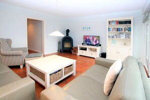 Tv, eldstad och en stereo