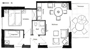 A floor plan with a living room, kitchen, dining area, terrace, bathroom, and a small room labeled 'Etagenbett'. - Am Leuchtturm 7, Whg. 2 - Ferienwohnung mit 2- Zimmern auf ca. 48m² (Wyk auf Föhr)
