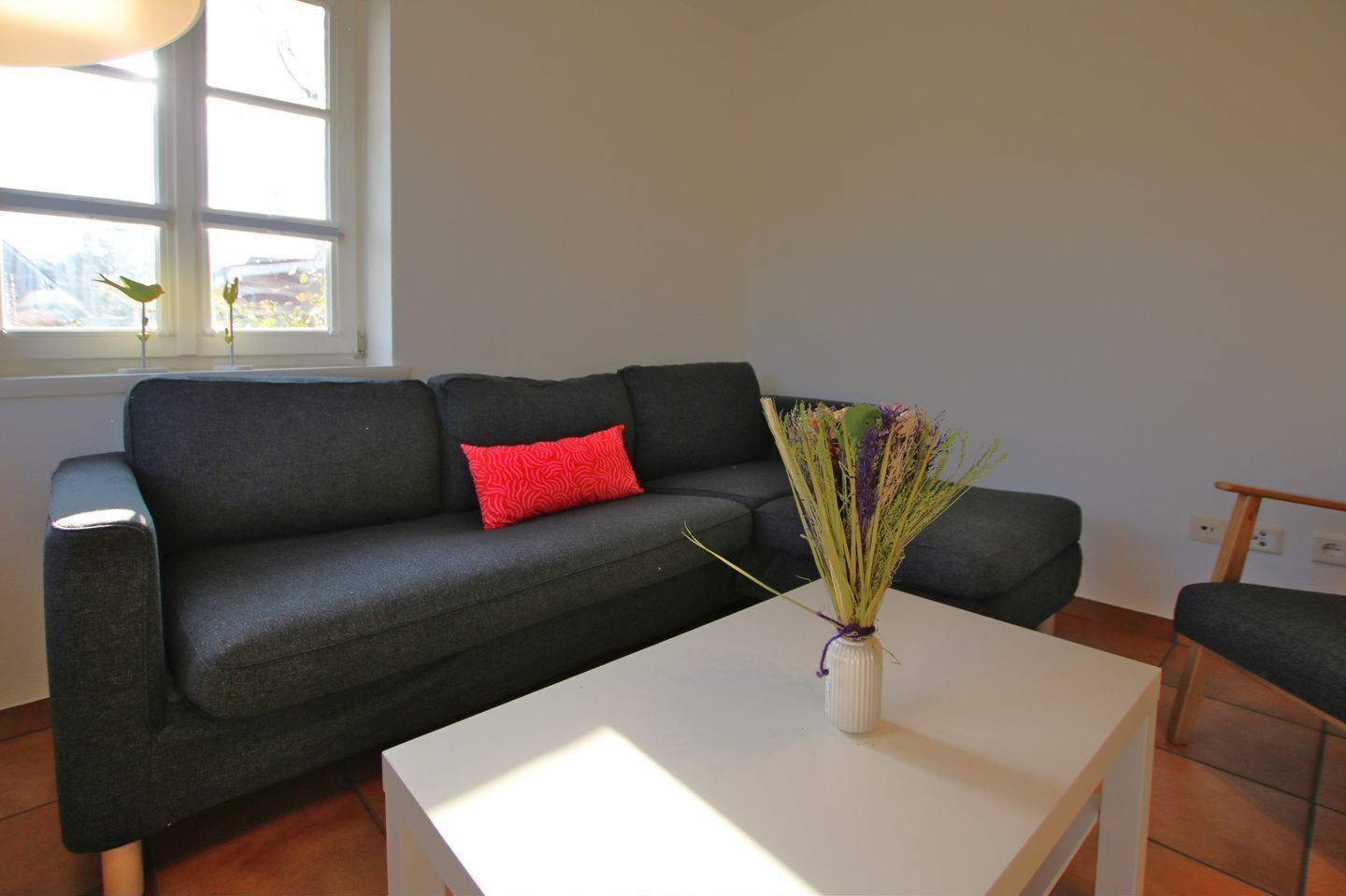A modern living room with a dark grey sofa, a red pillow, and a white coffee table.