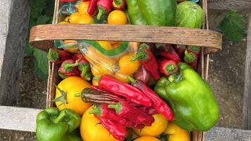 A wooden cart filled with various vegetables including green bell peppers, red peppers, and yellow tomatoes.