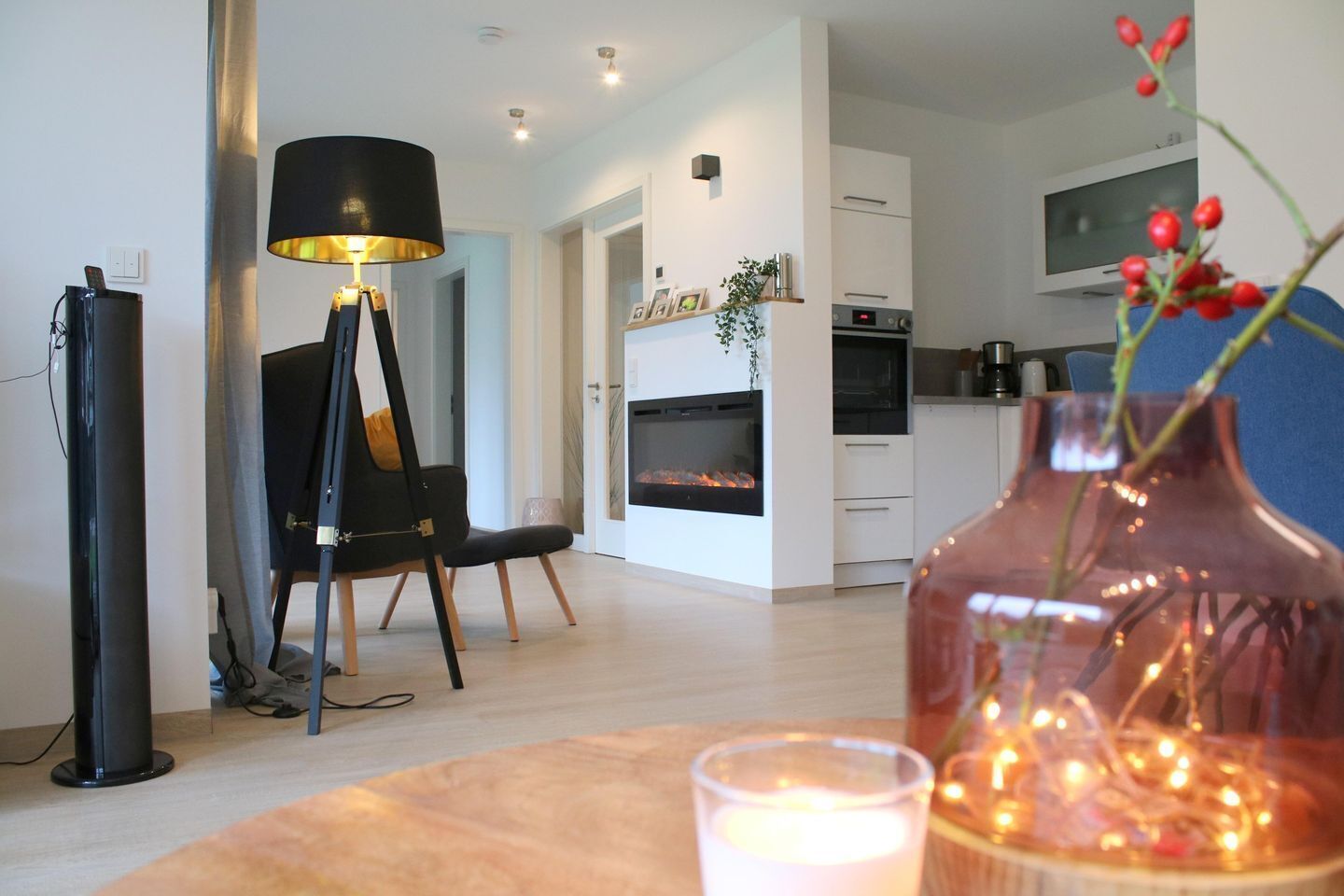 A modern living room with a fireplace, a dining area with a table and chairs, and a kitchen with white cabinets and a built-in oven.