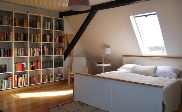 A bedroom with a large bookshelf, a bed with white bedding, and a skylight.