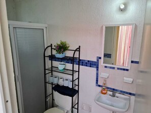 Regadera, jabón, shampoo, papel de baño 