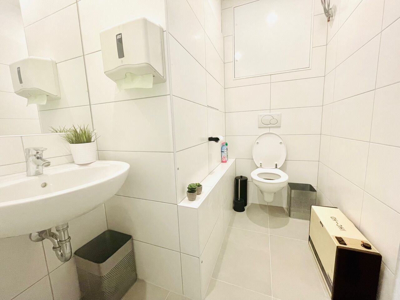 Ein modernes Badezimmer mit Waschbecken, Toilette und Ablagefläche für Toilettenartikel.