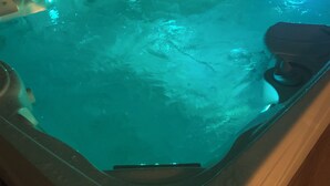 A hot tub with a built-in heater and LED lights.