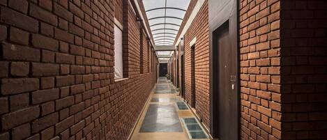 A corridor with brick walls, a skylight, and a door marked '210'.
