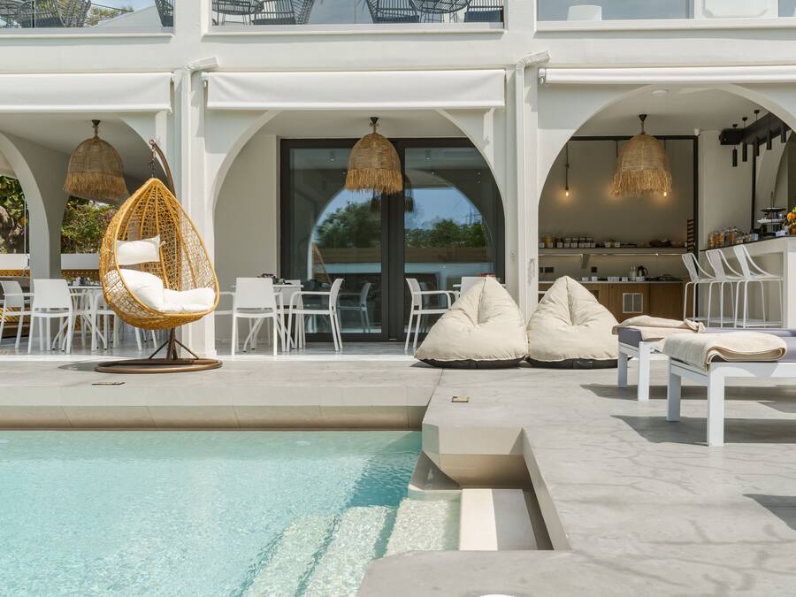 Seasonal outdoor pool, pool umbrellas, pool loungers
