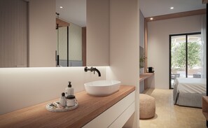 Superior Double with Private Pool | Badkamer | Een douche, een regendouche, gratis toiletartikelen, een haardroger