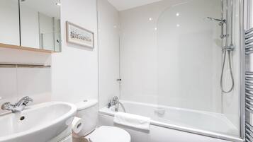 Combined shower/bathtub, hair dryer, towels, soap