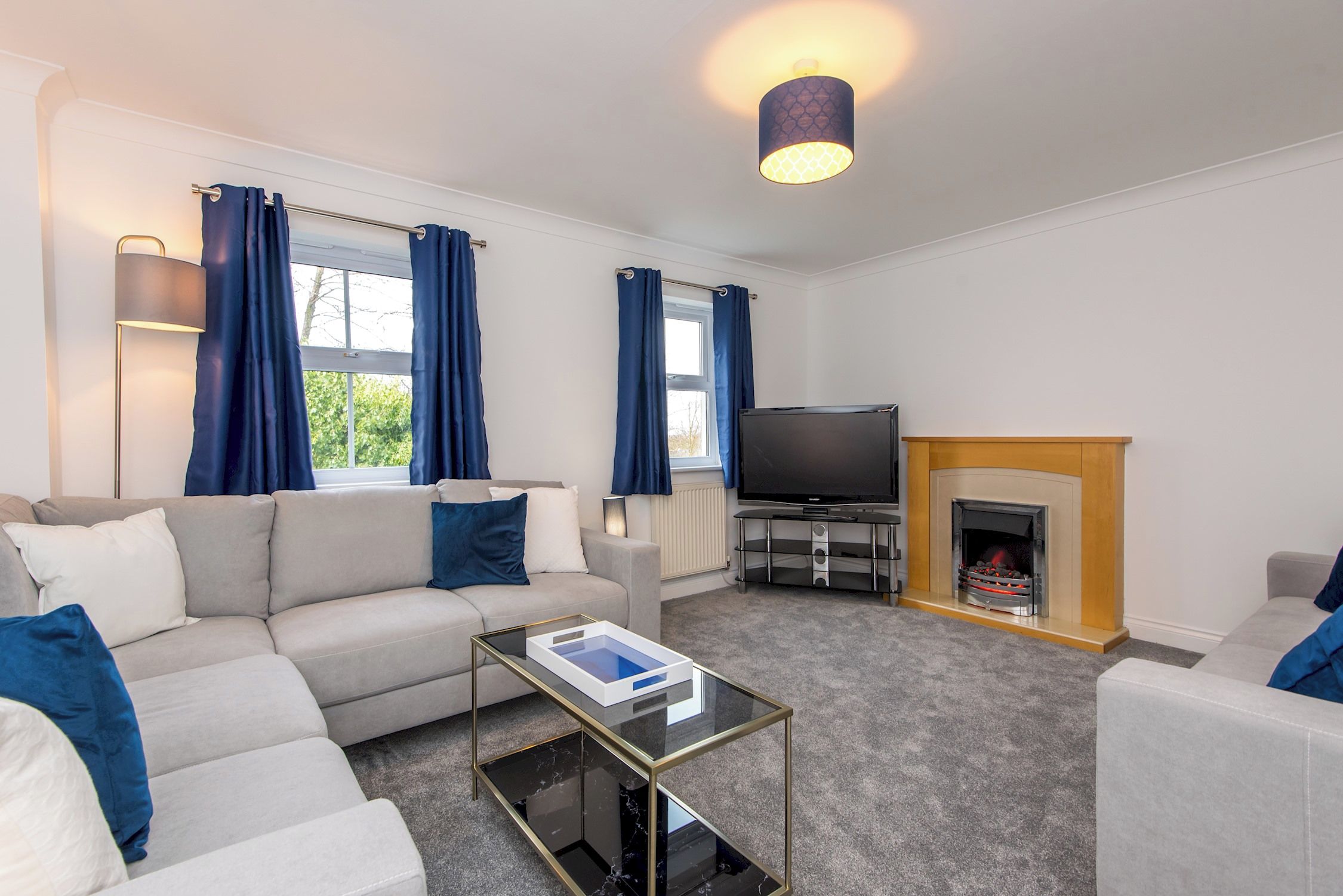 A modern living room with a sofa, a coffee table, a flat-screen TV, and a fireplace.