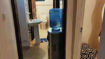 Shower, towels, soap, toilet paper