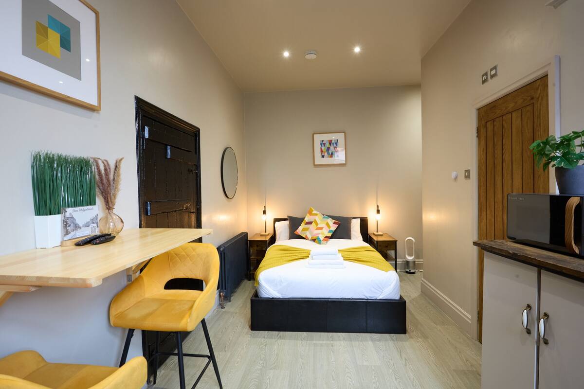 A compact hotel room with a bed, bedside tables, a desk, a chair, a television, and a potted plant.
