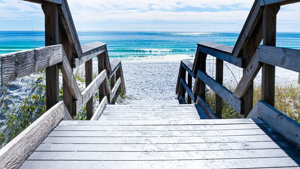 A wooden boardwalk leading to a beach with a clear view of the ocean. - *Ariel Dunes II 108 Beach access*Pools* (miramar beach)