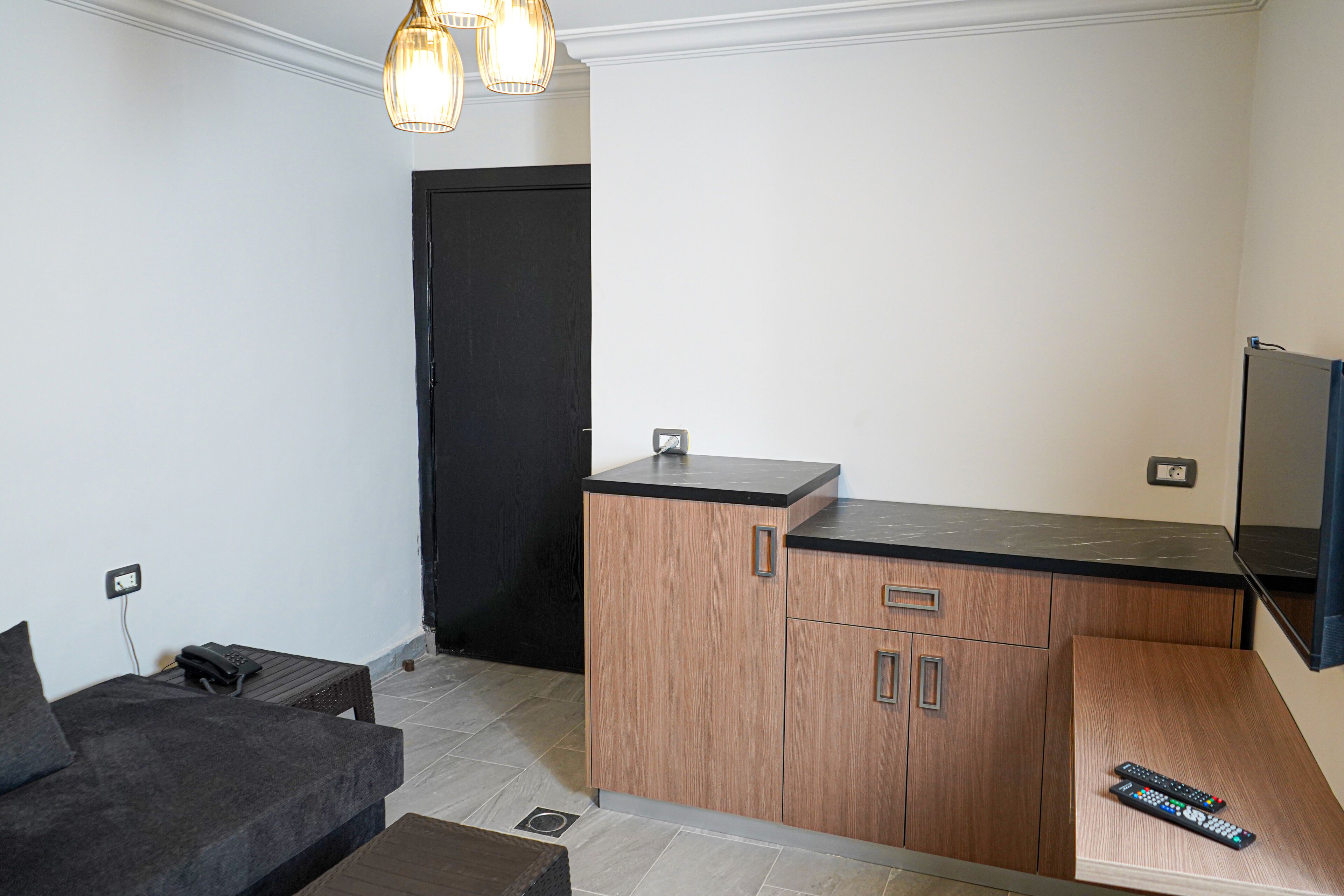 A compact living space with a kitchenette, a sofa, a coffee table, and a TV.