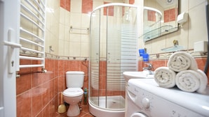 Une salle de bain équipée de toilettes, d’une douche et d’un lave-linge.