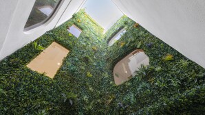 Un atrio moderno con una pared verde y un suelo reflectante.