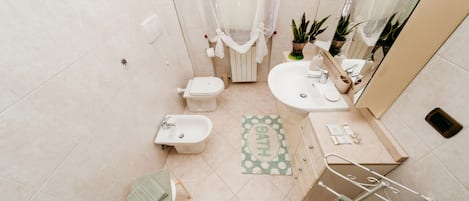 Shower, hair dryer, bidet, towels