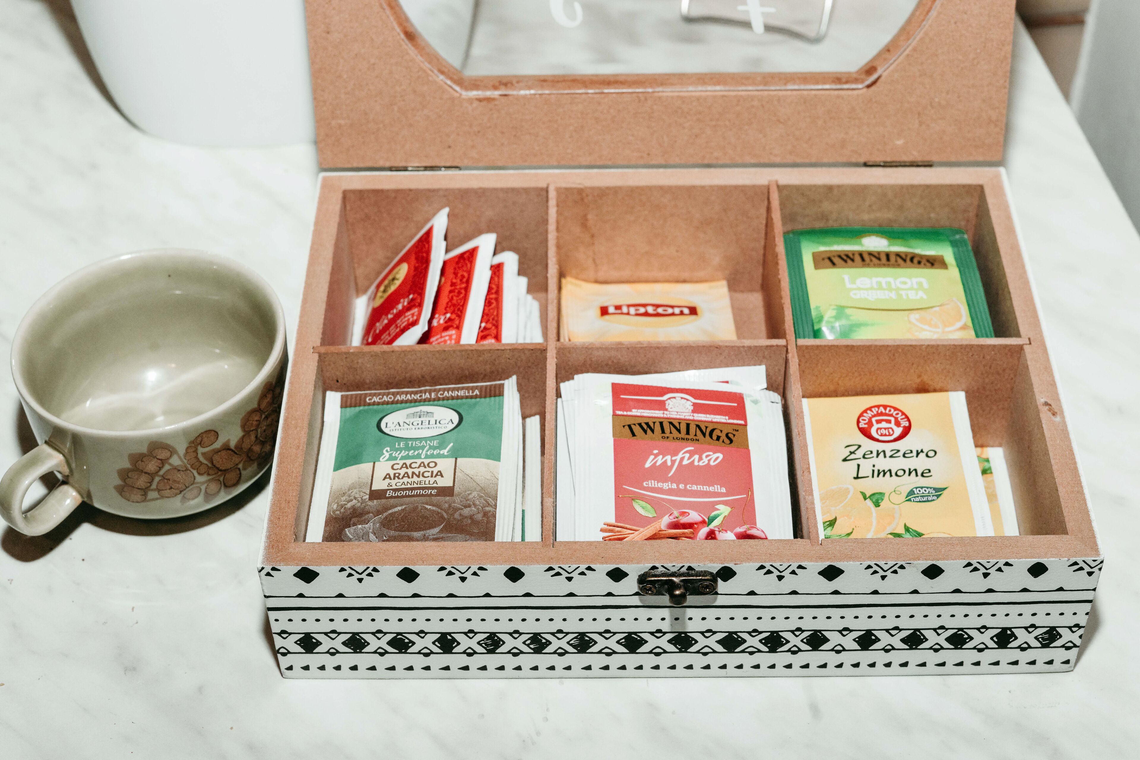Una caja con varios sobre de té y una taza.