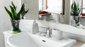 Douche, sĂšche-cheveux, bidet, serviettes fournies