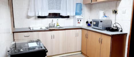 Fridge, microwave, oven, electric kettle