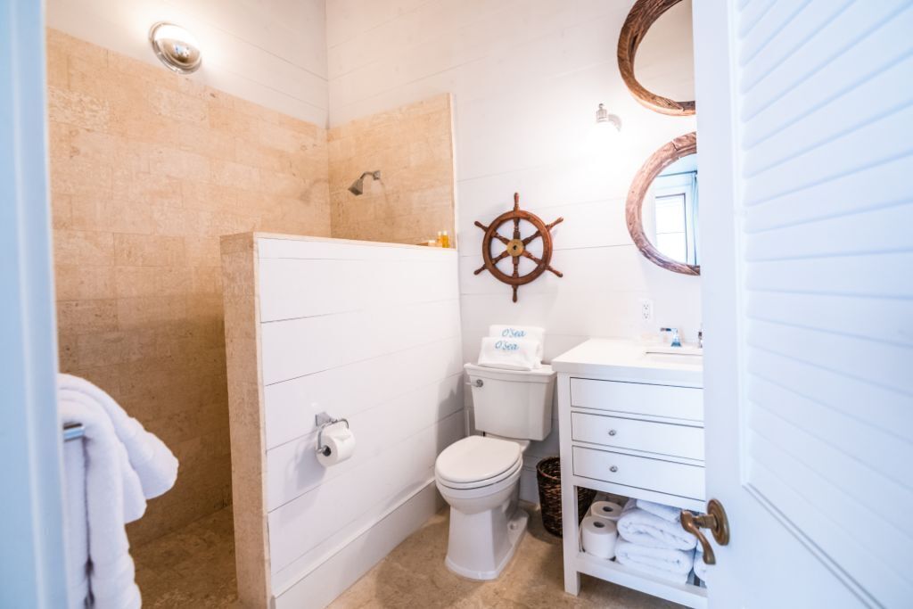 Une salle de bain avec douche, toilettes et lavabo.