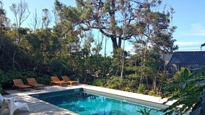 A swimming pool with lounge chairs and a large tree in the background. - Casas do Morgadio - azorean wine & lodge (Praia da Vitoria)