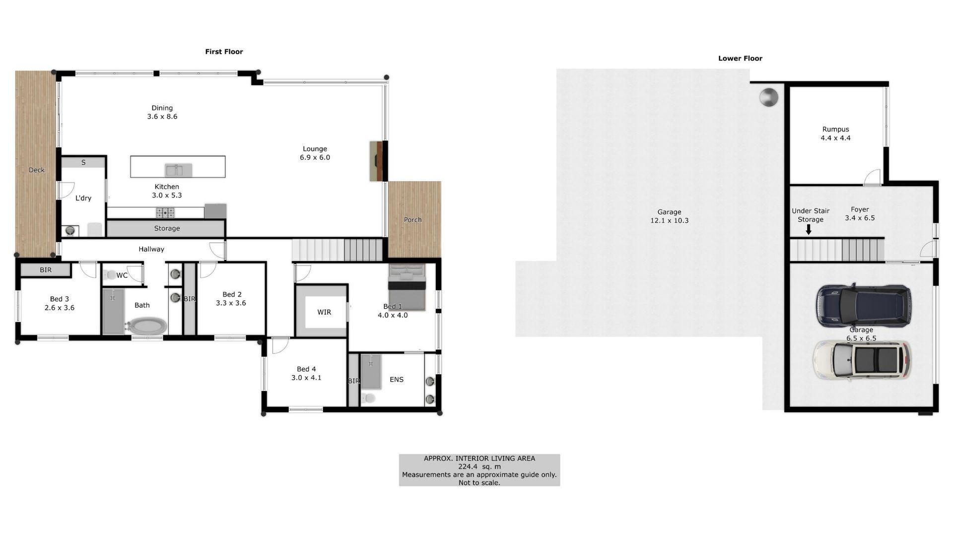A floor plan of a 2-bedroom apartment with a balcony, a dining area, a kitchen, a lounge, and a garage.