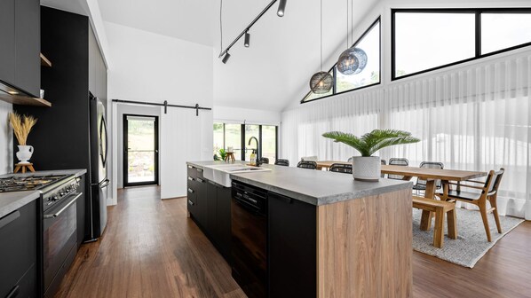 Dishwasher, coffee/tea maker, cookware/dishes/utensils