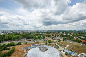 Vue aérienne d’une ville avec une grande structure en forme de dôme, des routes et des quartiers résidentiels environnants.