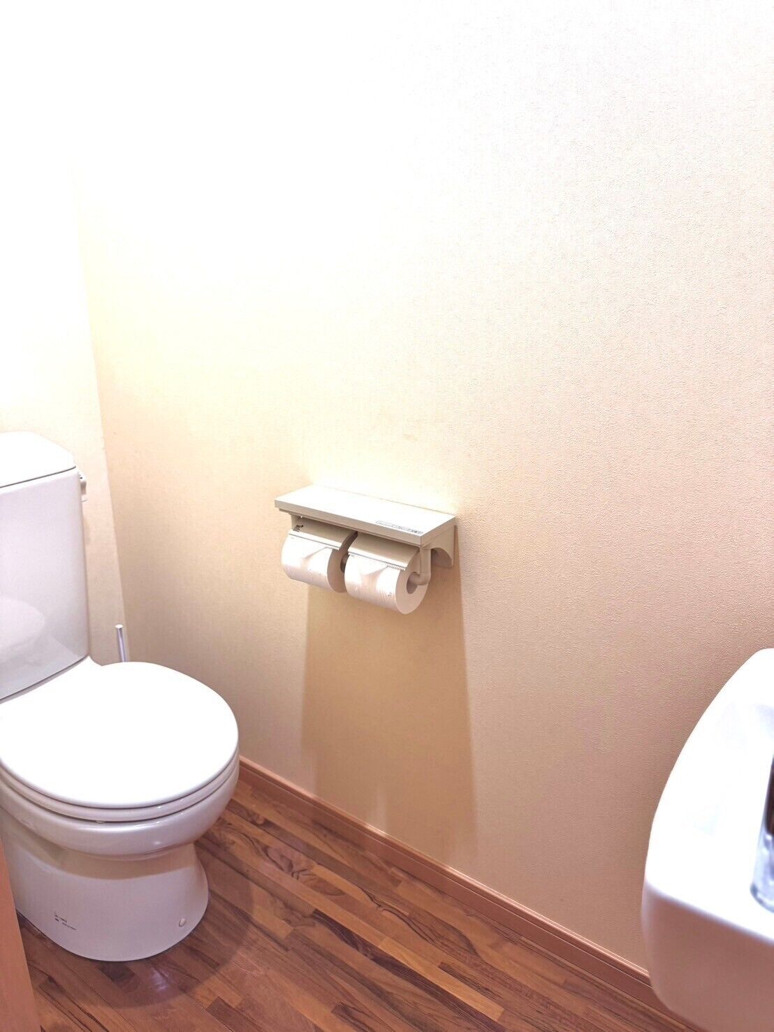 A bathroom with a toilet, a wooden floor, and a wall-mounted toilet paper holder.