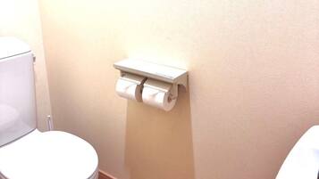 A bathroom with a toilet, a wooden floor, and a wall-mounted toilet paper holder.
