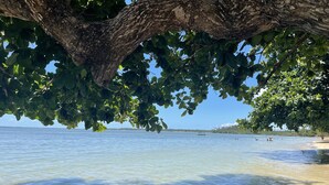 A beach scene with clear water, a boat, and a tree providing shade. - POUSADA HORIZONTE AZUL (Cairu)