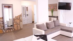 A modern living room with a sectional sofa, a flat-screen TV, a stone accent wall, and a large mirror. - Impeccable 3-bed House in Prampram Accra (Prampram)