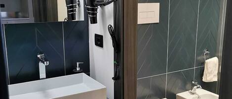 Hair dryer, towels, soap, toilet paper
