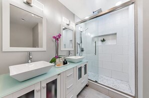 Ensemble douche/baignoire, sèche-cheveux, serviettes fournies