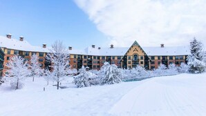 Un hotel de varios pisos con fachada simétrica, árboles cubiertos de nieve y cielo despejado.