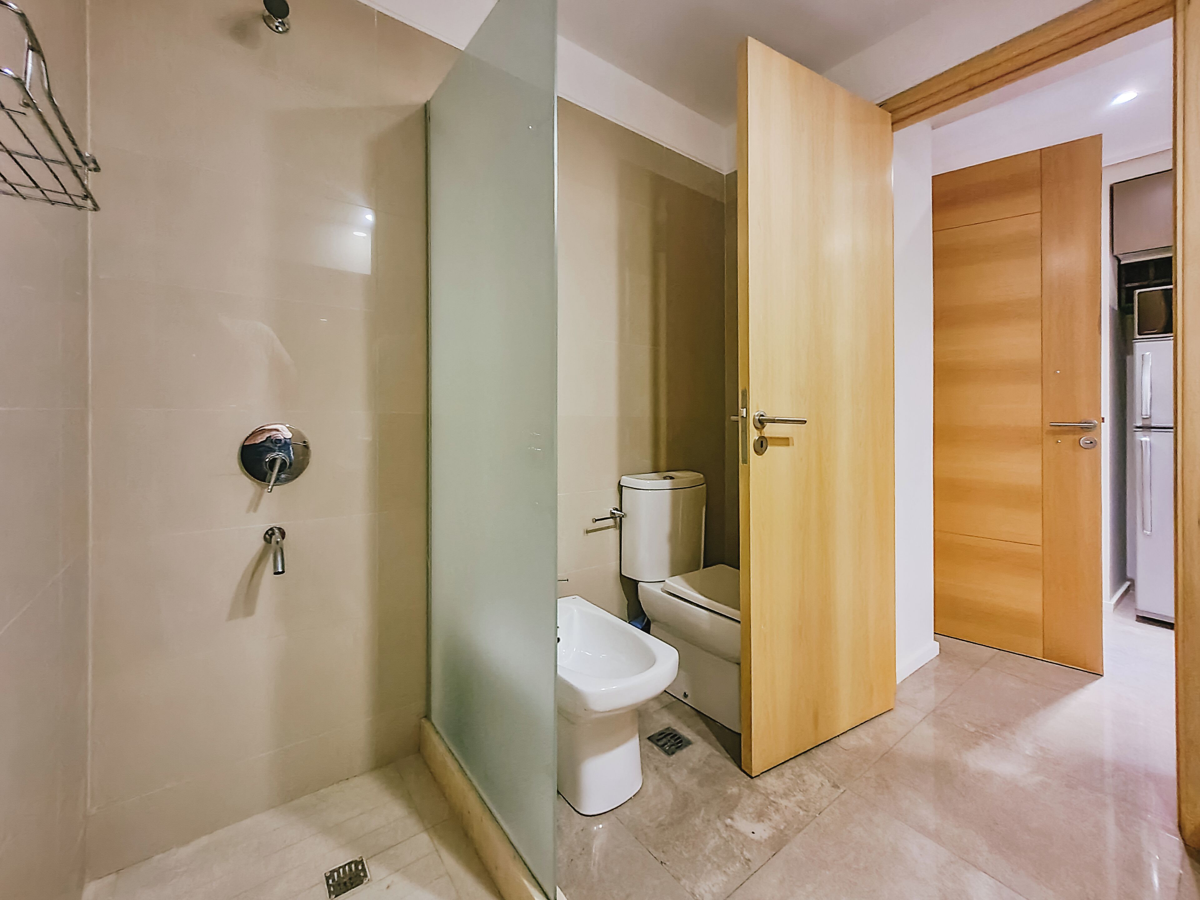 A modern bathroom with a glass shower enclosure, a toilet, and a wooden door leading to another room.
