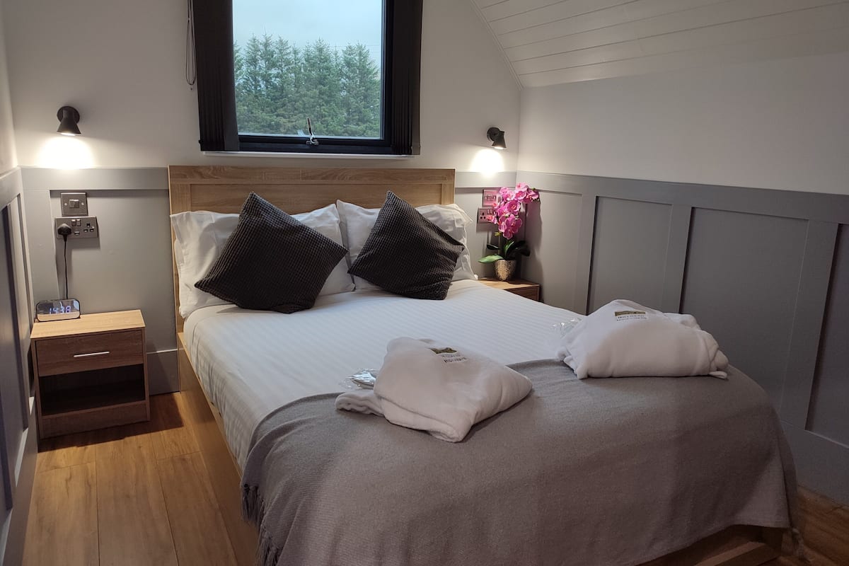 Una cama bien hecha con dos almohadas, una lámpara de noche, una mesita y una ventana con vista a árboles.
