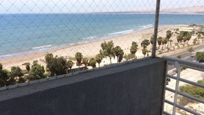 A balcony with a view of a beach and palm trees.